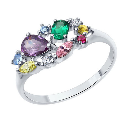 Inel din Argint cu Smarald Hidrotermal, Corindon și Zirconiu Cubic