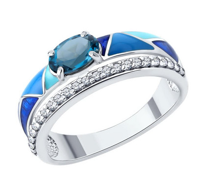 Inel din argint cu topaz London Blue, email și zirconiu cubic