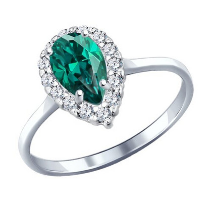 Inel din argint cu smarald hidrotermal și zirconiu cubic