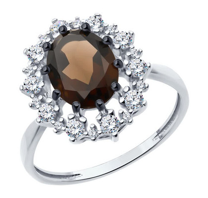 Inel din argint cu cuarț fumuriu și zirconiu cubic