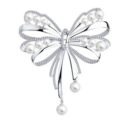 Brosca de argint cu perle și zirconii cubice