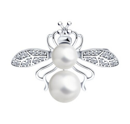 Brosca de argint cu perle și zirconii cubice