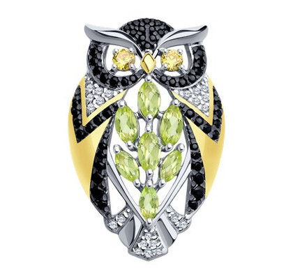 Брошь из золочёного серебра с хризолитами и фианитами