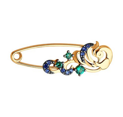 Broșă din aur cu zirconii verzi și albastre