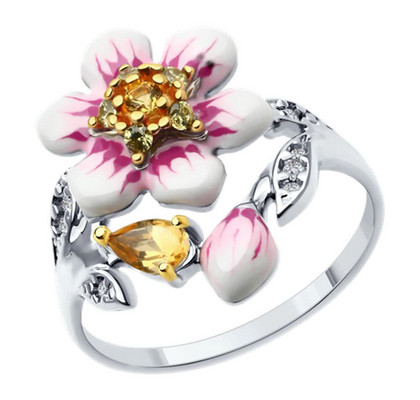 Inel din argint aurit cu citrin, email și zirconiu cubic