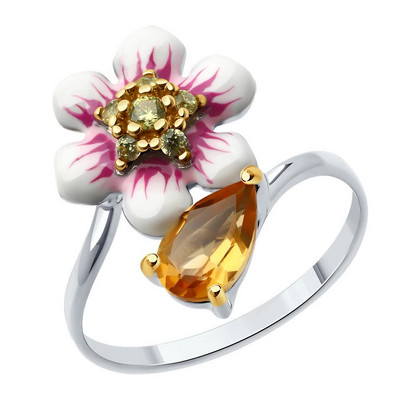 Inel din argint aurit cu citrin, email și zirconiu cubic