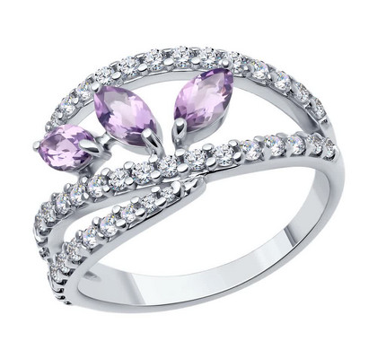 Кольцо из серебра с аметистами и фианитами