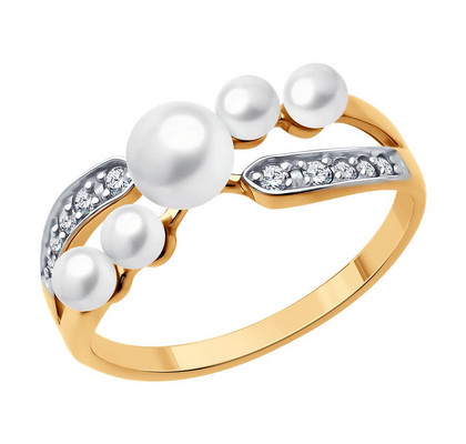 Кольцо из золота с жемчугом и фианитами 